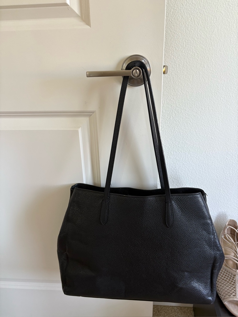 Black genuine leather tote bag